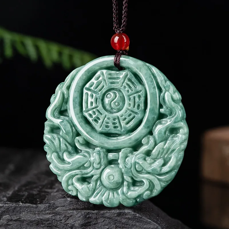 Natural Burmese Emerald Dragon Bagua Pendant Jade Necklace Hand-carved Fashion Charm Jewelry Amulet Gifts for Women Men Luxury