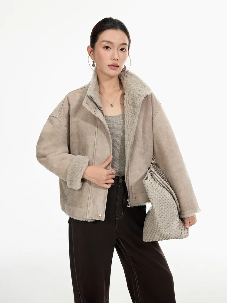 الراقية الفاخرة ميرينو الأغنام الفراء امبسوول سترة للنساء بسيطة الوقوف طوق قصيرة الشتاء جلد طبيعي معطف الفرو الحقيقي من جلد الغزال