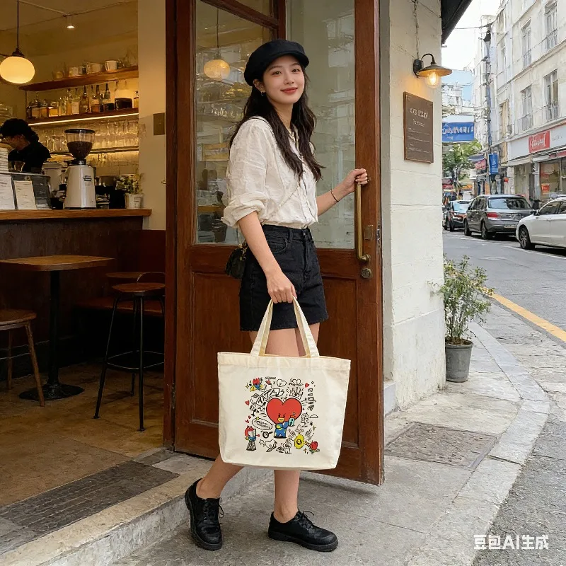 Милая мультяшная сумка-тоут через плечо BT21: креативная модная холщовая сумка для покупок, книг и поездок на работу, большая вместимость