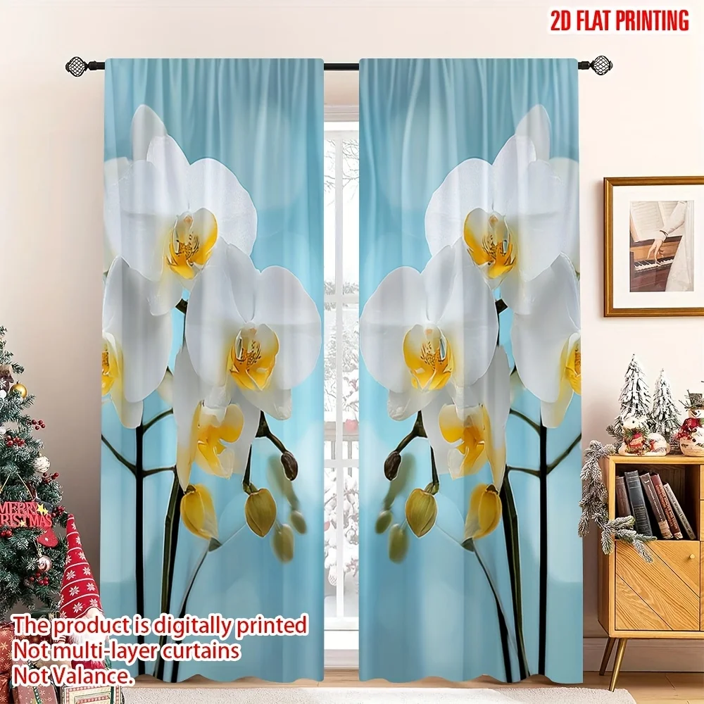 White orchid flower printed curtains, with a pole bag design, suitable for use in bedrooms, living rooms and offices