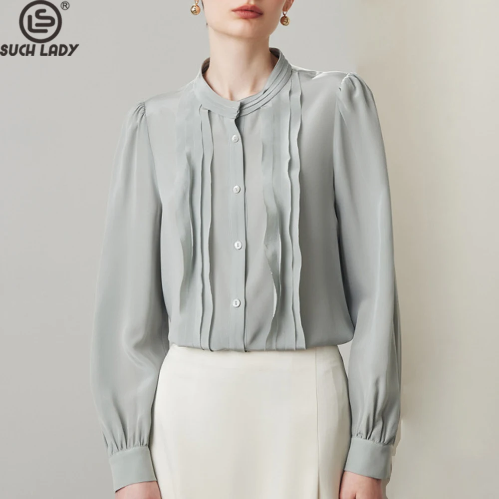 

100% Natural Silk Women's Shirt O Neck Long Sleeves Ruffles Elegant Fashion Blouse Tops