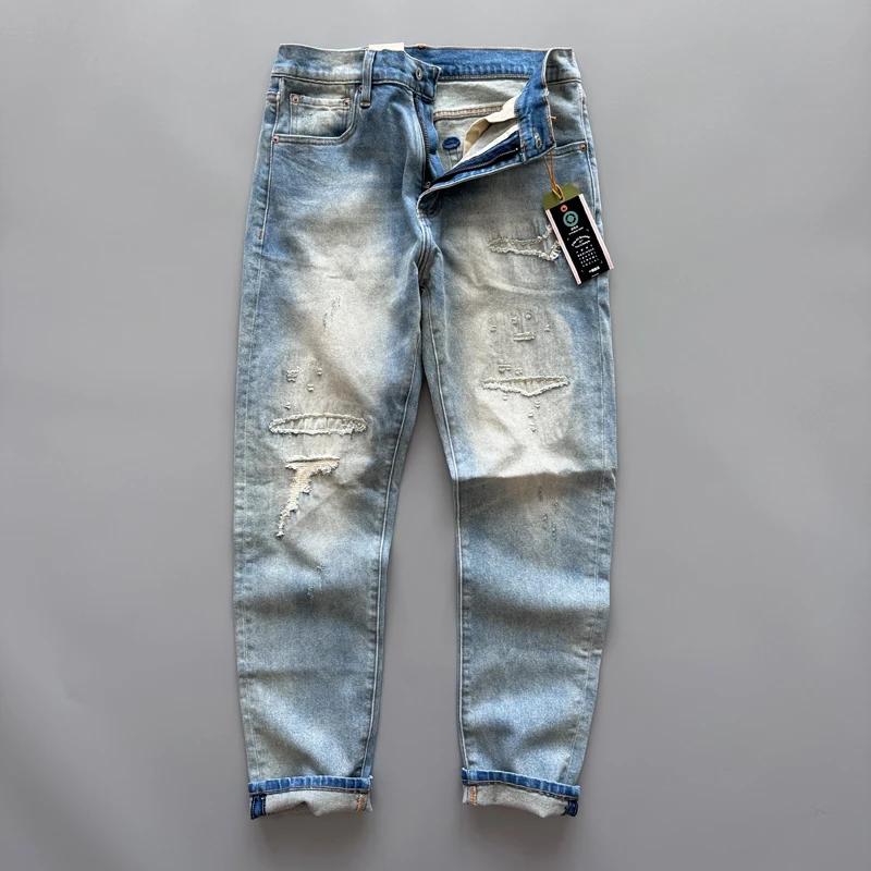 Lichte stretch voor comfort Heren Distressed Patch Slim Tapered Denim Jeans met rechte pijpen Dikke herfst/winter gewassen vintage