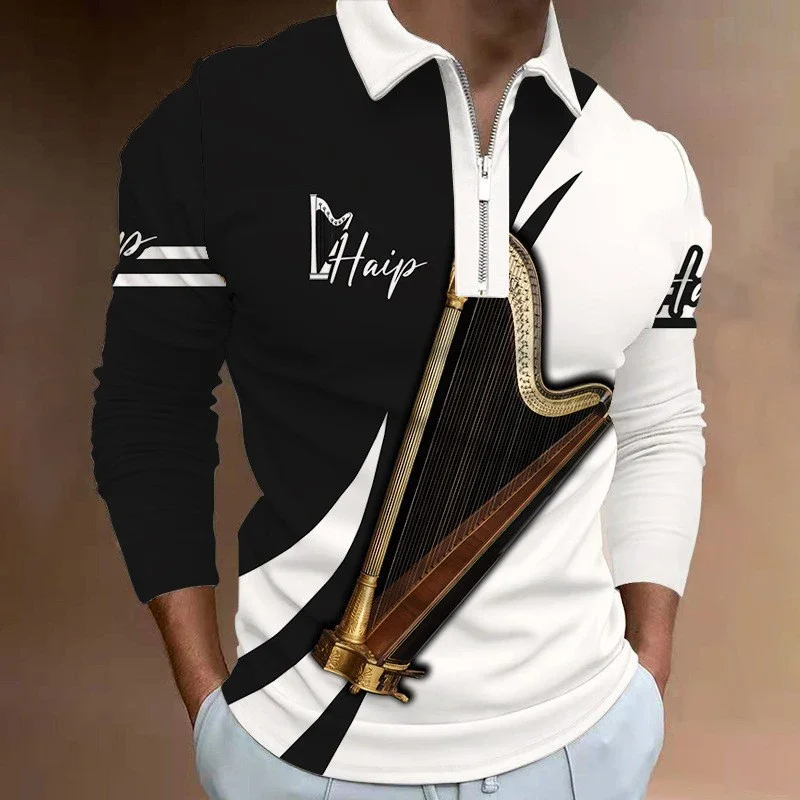 Piano Musical Fashion 3D Print Polo Zipper Long Sleeve Shirt for Men Button Down Fashion Shirt