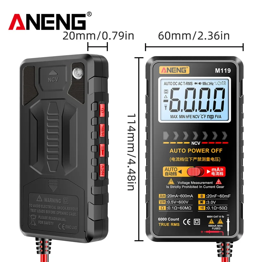 Aneng-デジタル電流計,6000カウント電圧計,電流計,コンデンサー,ncvデータホールド懐中電灯付き