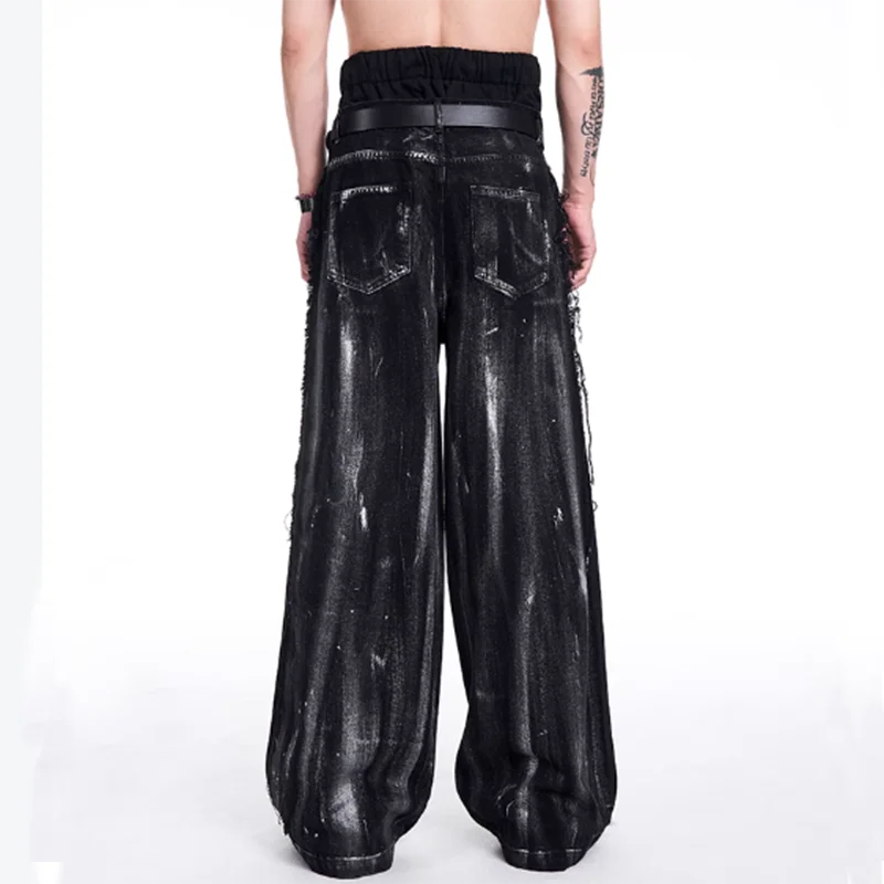 FEWQ American Graffiti Double Waist Jeans Men\'s Autumn Winter Drawstring Decoration Splicing Male Straight Leg Pants 24E5157