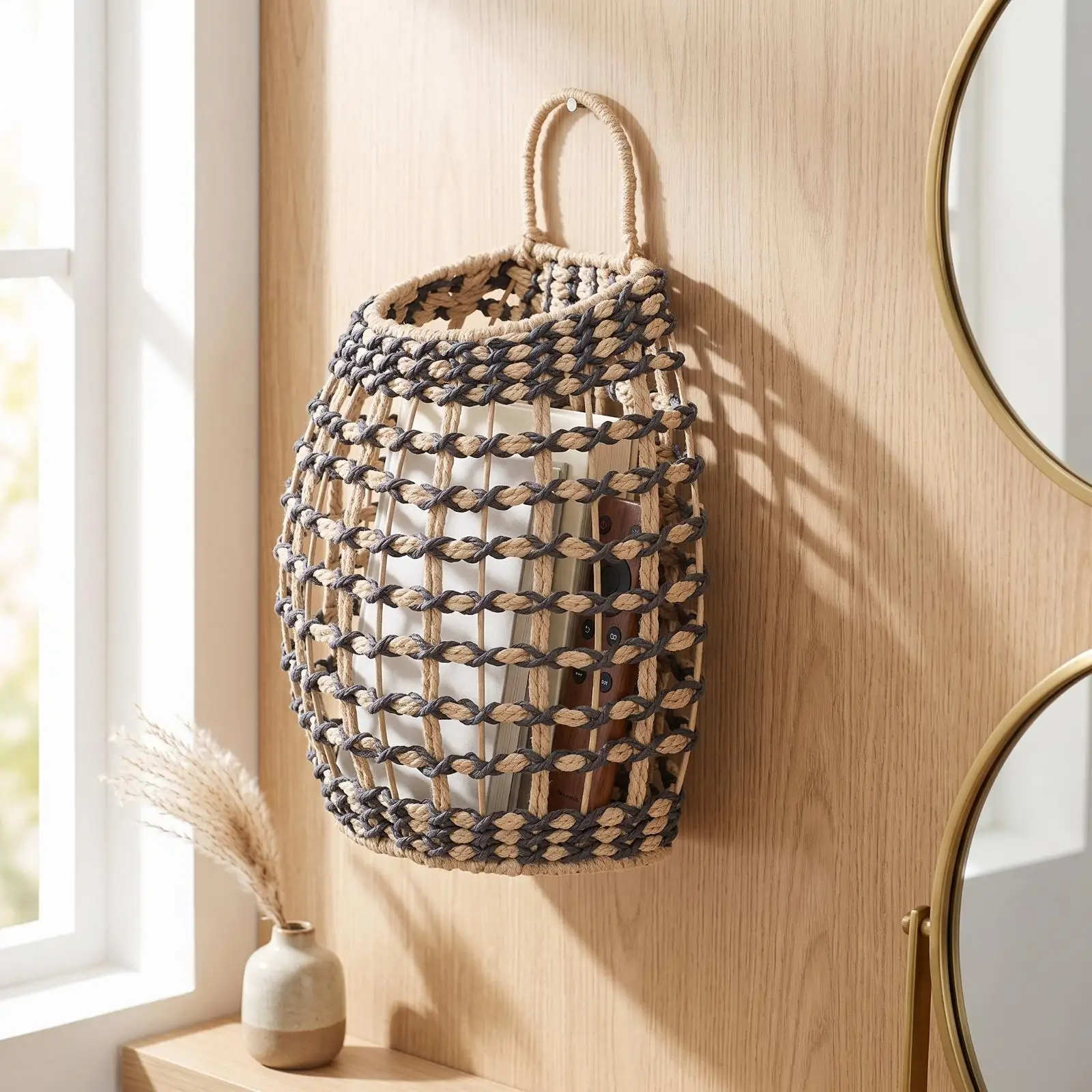 Space Saving Woven Wall Basket for Small Household Items Natural Fiber Hanging Storage for Bathroom and Closet Use view 4