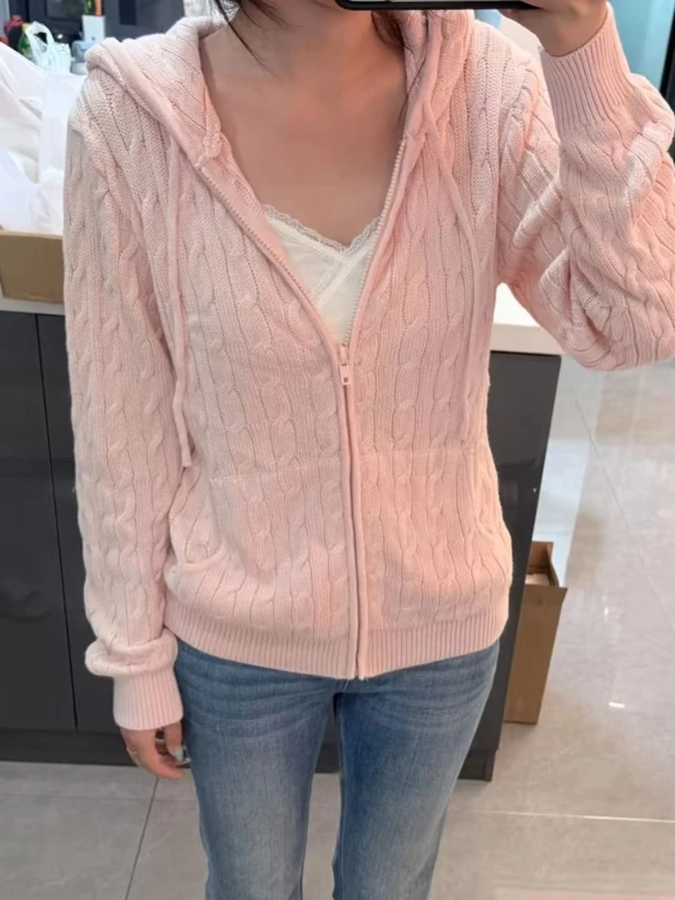 Twisted Flower Knitted Cardigan Sweater Women Autumn Long Sleeve Drawstring Hooded Zipper Streetwear Sweet Sweaters Coat Y2K Top
