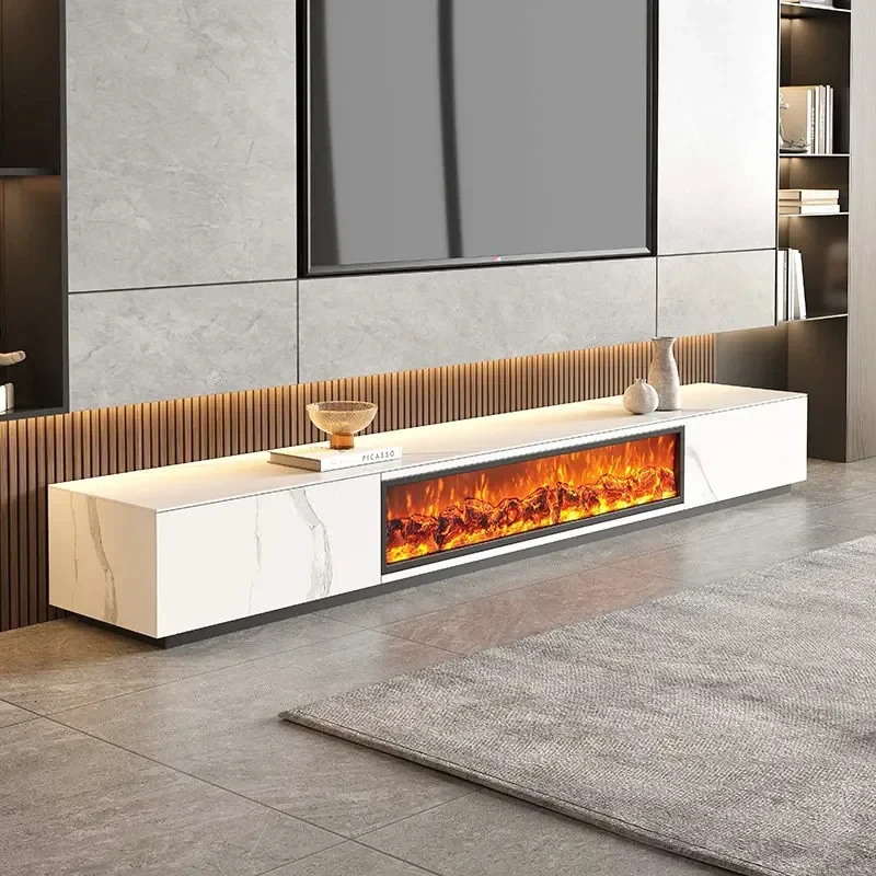 Luxury Sintered Stone TV Cabinet, Electric Fireplace, Simulated Flame TV Table, Living Room Storage Cabinet, Coffee Table