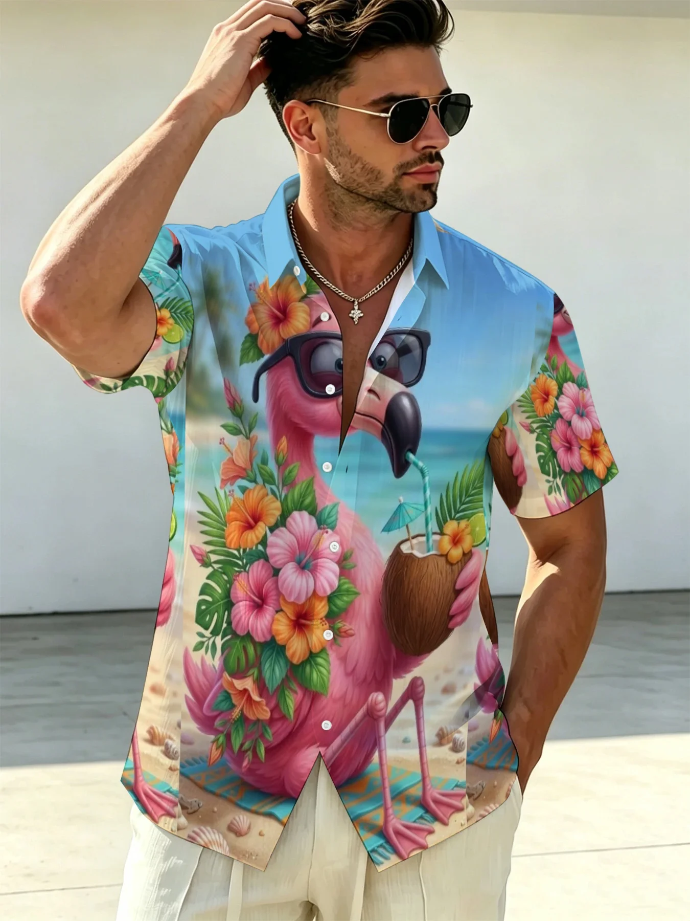 Men's short-sleeved shirt for summer beach vacation, featuring fun animal 3D prints, trendy loose fit, and quick-drying design.