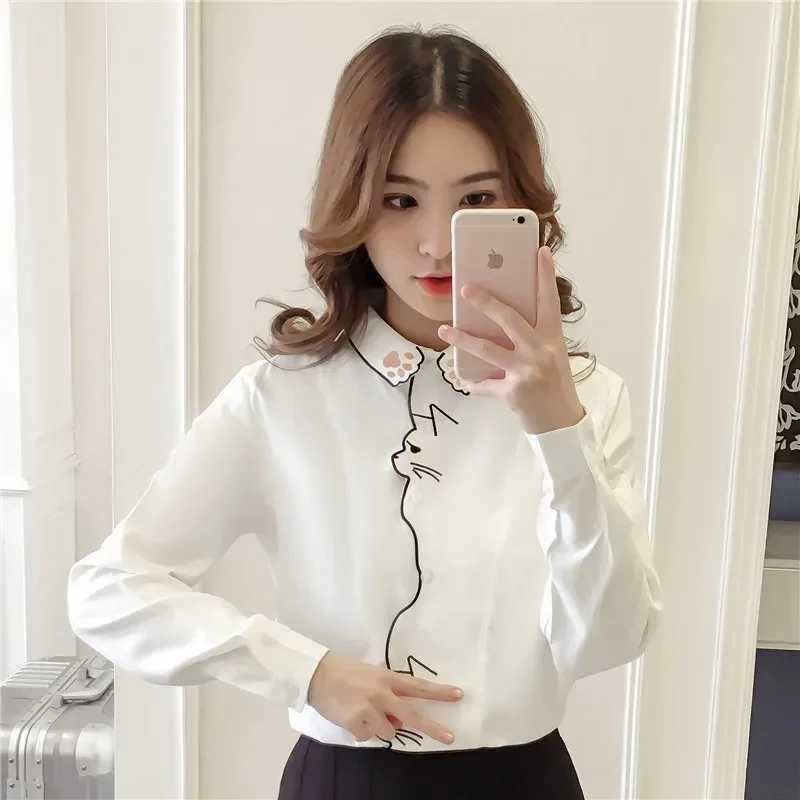 Long Sleeve Blouse for Women, Sweet Cat Embroidery Shirt, White Tops, Office Lady, Elegant, Turn Down Collar, Spring, 7902