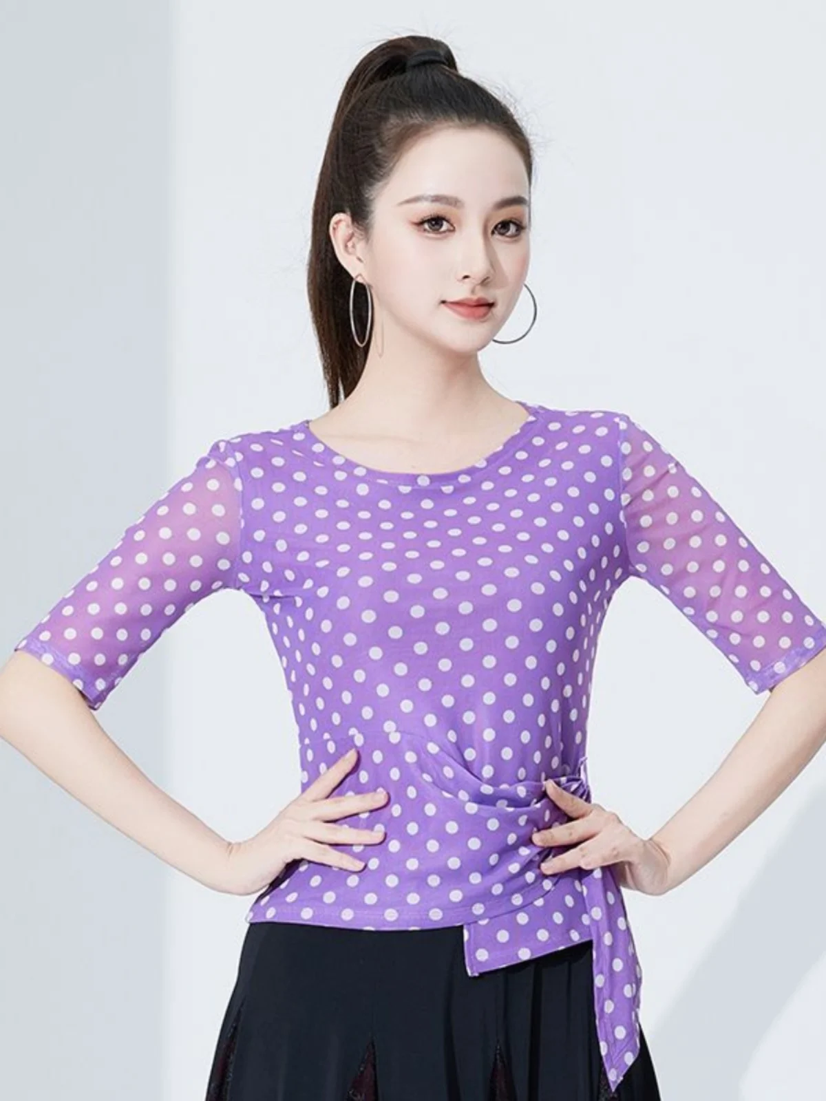 Odzież do tańca nowoczesnego, top damski, wyszczuplająca odzież taneczna, ubrania do tańca towarzyskiego, poliester, długi rękaw, okrągły dekolt.