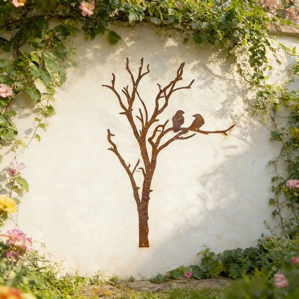 Minimalist Line Metal Tree Branch Bird Silhouette Decor Vintage Rust Farmhouse Style Garden Silhouette Wall Ornament Iron Art