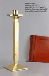 Church Supply Candle Holders, Square Base Candlestick, Brass, High Polished, Religious Activities, Home Decoration, 16 Inch