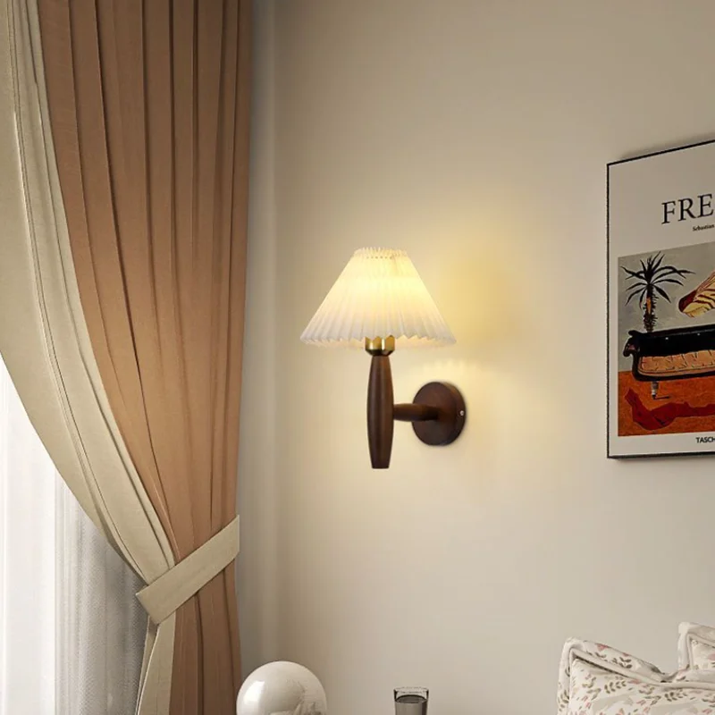 

Nordic Retro Home Decor Wall Lamp Fabric Lampshade Wood Base Sconce Lighting E27 Bulb Hotel Bedroom Indoor Warm Corridor Lustres