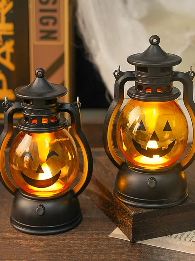 Halloween pendurado abóbora lanterna luz led fantasma lâmpada vela luz retro pequena lâmpada de óleo festa de halloween decoração para casa adereços de terror