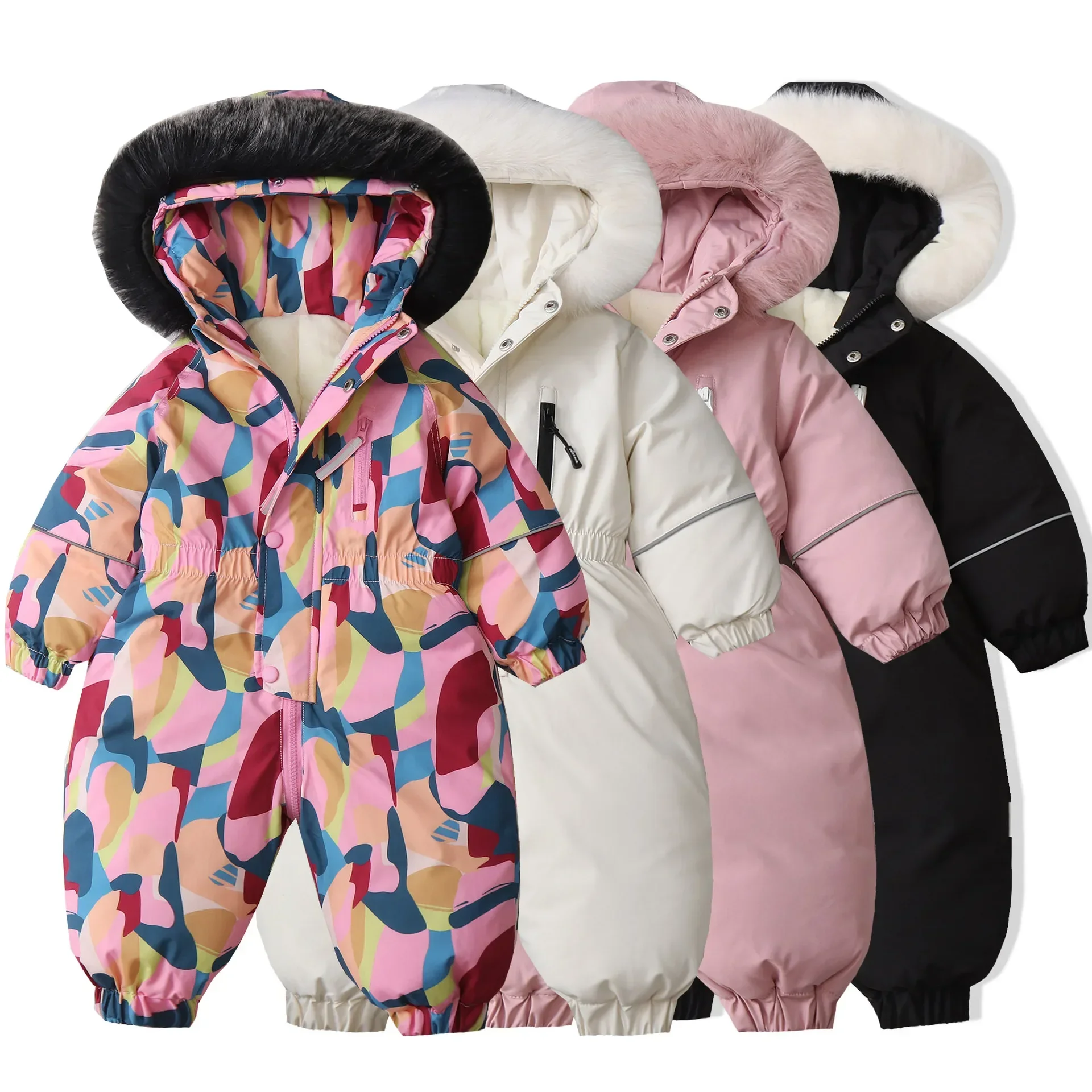 New Winter Kid\'s Ski Suit 2-5 Y Thicken Boys Snowsuit Fur Lining Girls Jumpsuit Warm Overalls Children\'s Coat Waterproof Outwear