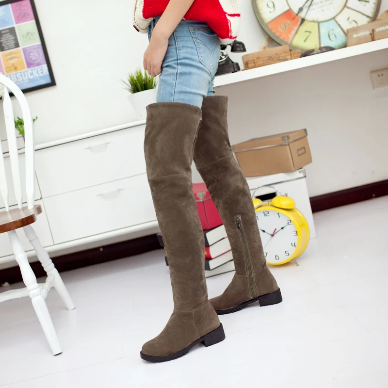 Low-Heeled Round Toe Nubuck Flock Material Women\'s Over-The-Knee Boots Classic Retro Minimalist Style Slip-On Long Boots