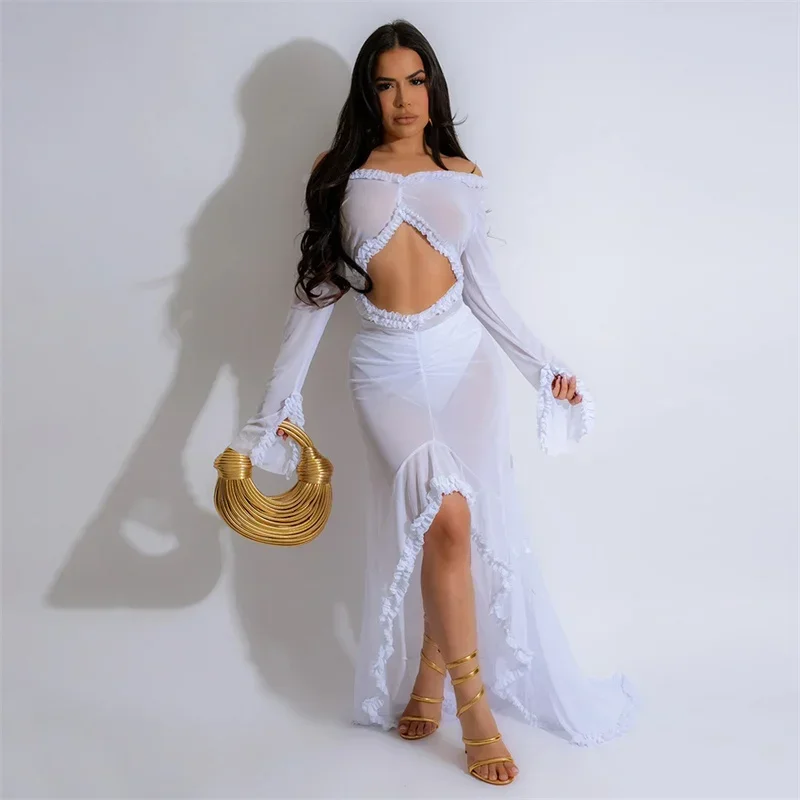 Sexy Center Cutout Wrap Hip Dresses Women Korean See-through Long Sleeves Dress Female Fashion Party Slim Fit Floor-length Gown