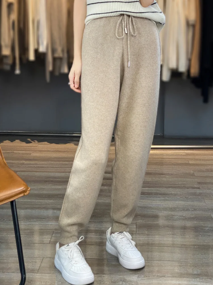 Spring Autumn High Waist Simple Style Office Lady Trousers Slim Cashmere Pants 100% Merino Wool Knitwear Women Wool Pencil Pants