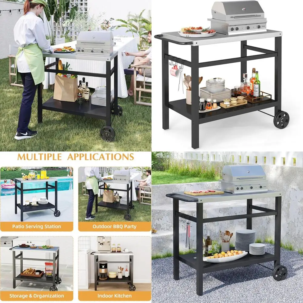 

Stainless Steel 2-Tier Outdoor BBQ Cart with Patio Grill Table