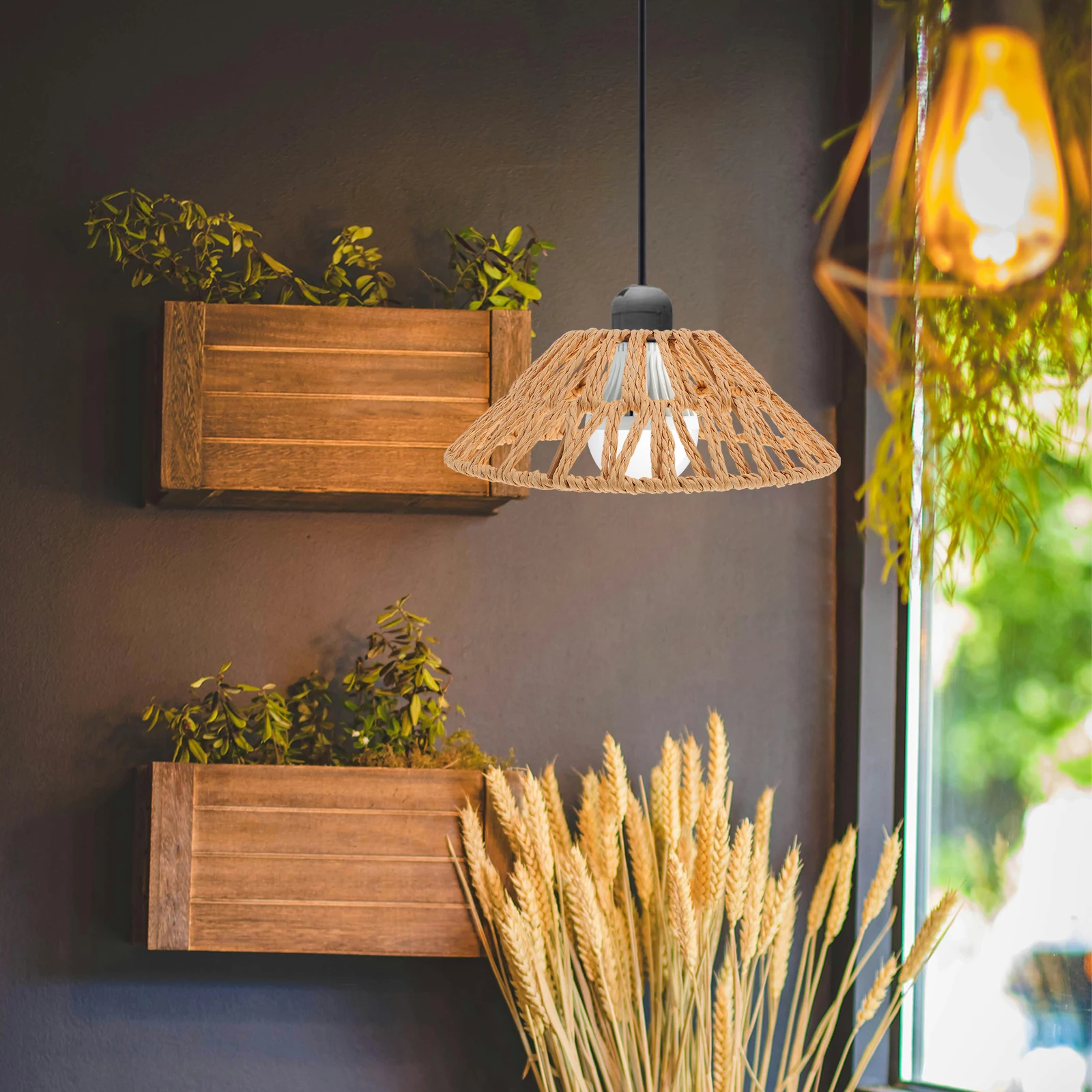 

Iron Paper Rope Lampshade E27 Socket 4 1cm Hole Khaki Farmhouse Pendant Hanging Ceiling Light Cover Woven Basket for Bedroom