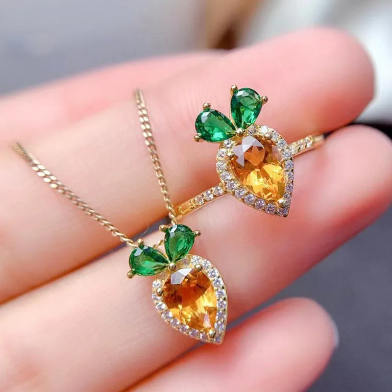 Trendy Yellow Green Crystal Cute Carrot Diamonds Gemstones Pendant Necklaces Rings for Women 14k Gold Filled Jewelry Sets Gifts