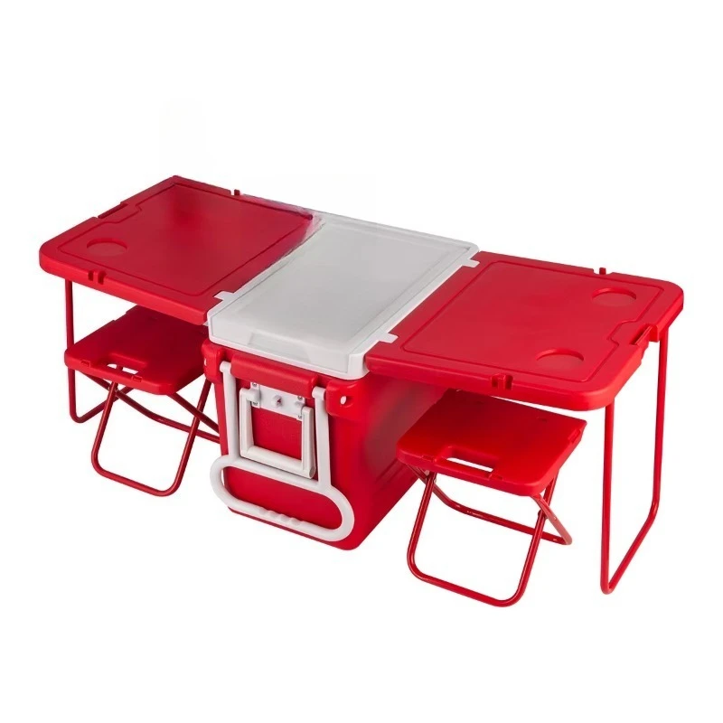 

Multifunctional picnic, camping, hiking, ice bucket, insulated cooler box with handle, wheels, table, and folding chair