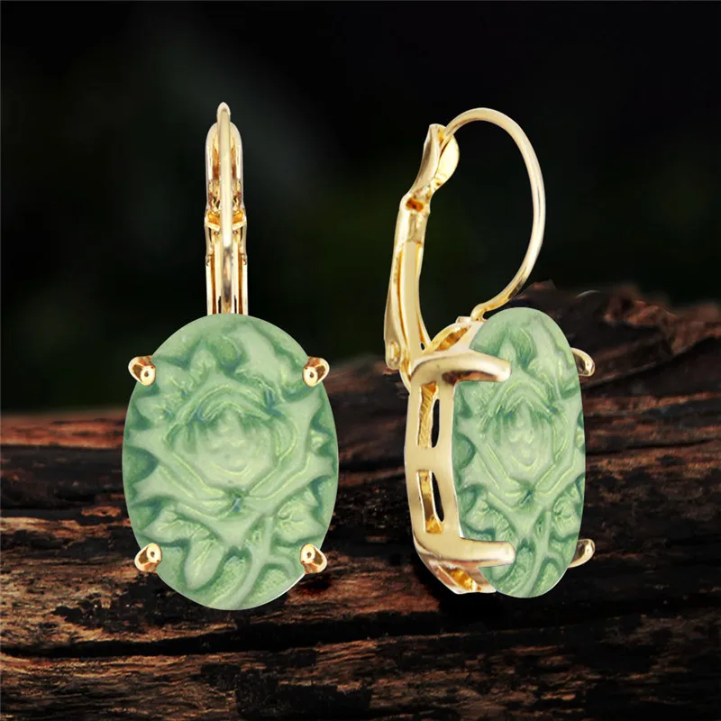 Green Flower Cameo Necklace Earrings Sets For Women Gold Color Oval Claw Pendant Fashion Jewelry