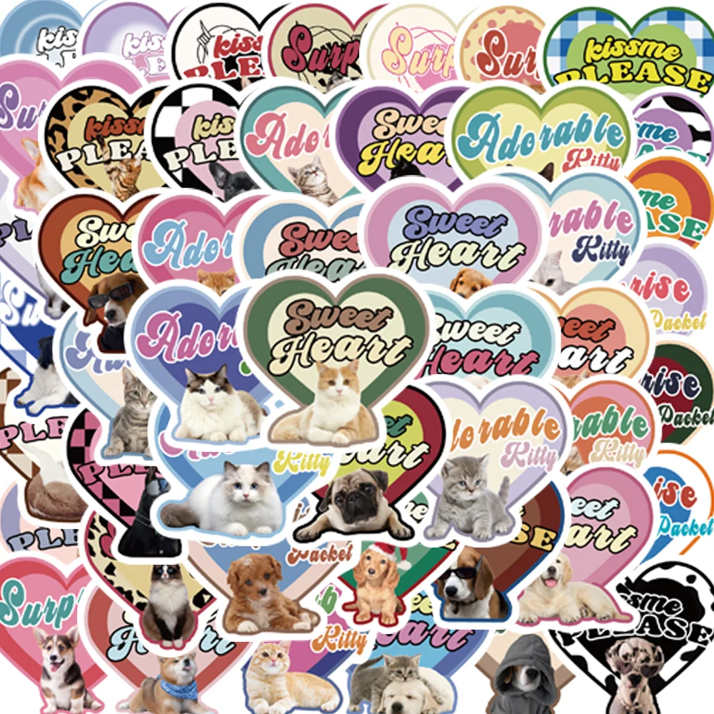 

50pcs New Vintage Cute Dog Cat Stickers Heart Shaped For Laptops Diaries Envelopes Skateboards Graffiti Waterproof Y2K Decals