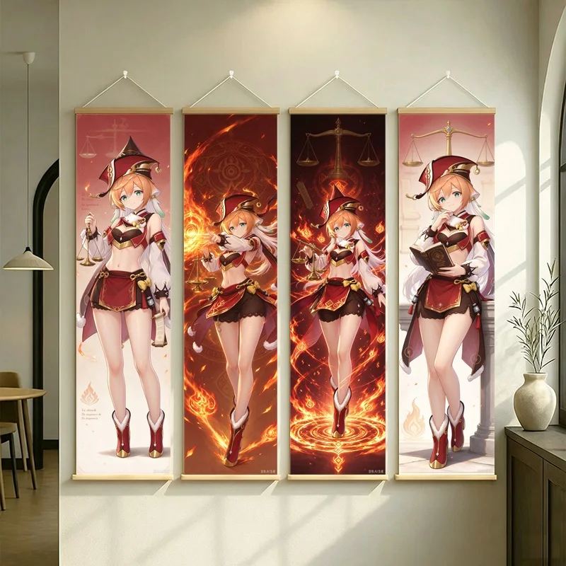 Hanging Scroll Wall Art of Genshin Impact Yanfei with Red and Gold Flames on Silver Shimmer Canvas for an Anime Bedroom