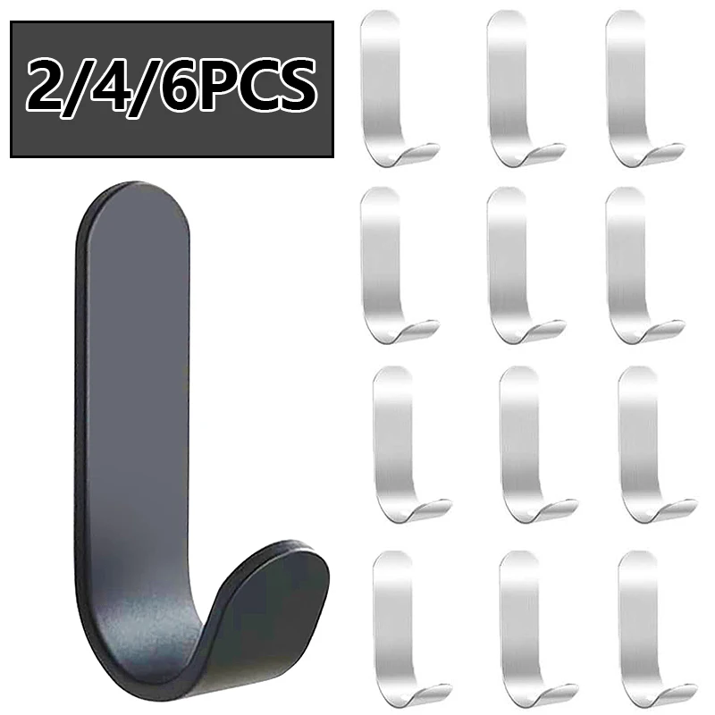 

2/4/6PCS Strong Stainless Steel Self-Adhesive Wall Hooks Waterproof Sticky Hooks Bathroom Hang Towel Keys Coat Bags Kitchen Hook
