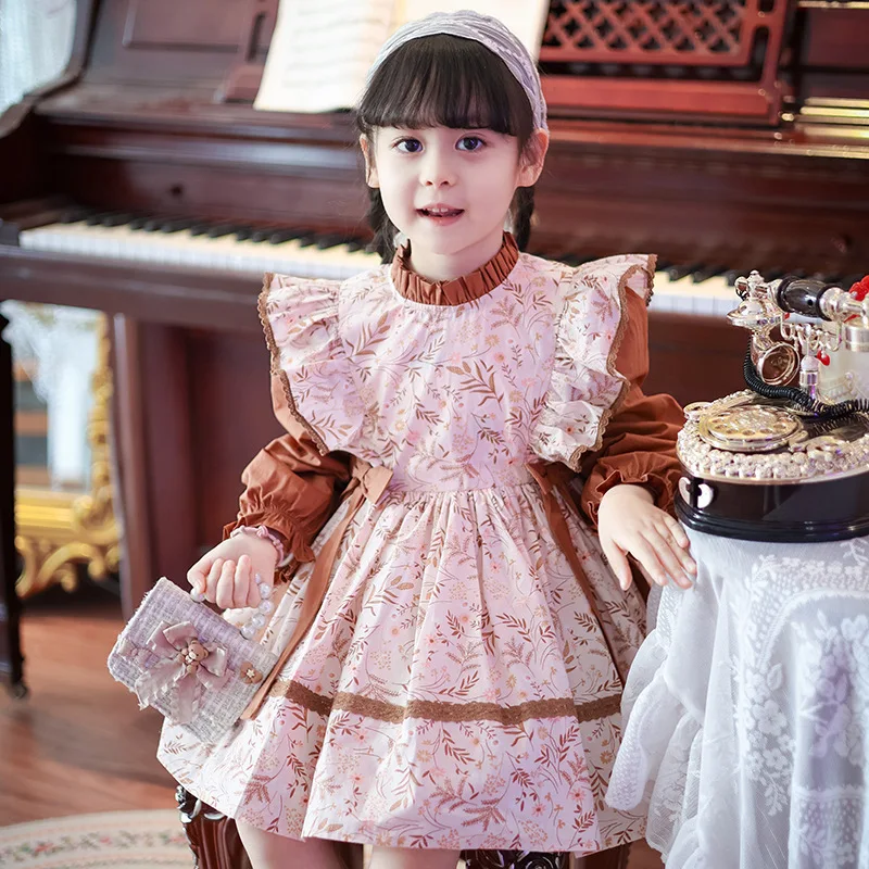 

Spring New Girls' Dress Long Sleeved Floral Skirt Rustic And Stylish Children's Clothing, Bubble Sleeve Princess Skirt