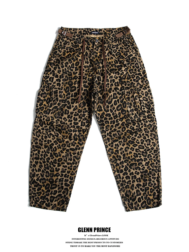 

Vintage American Leopardskin Casual Pants Men's Hiphop Street Wide Leg Trousers Loose Fit Workwear Cotton Straight Tube
