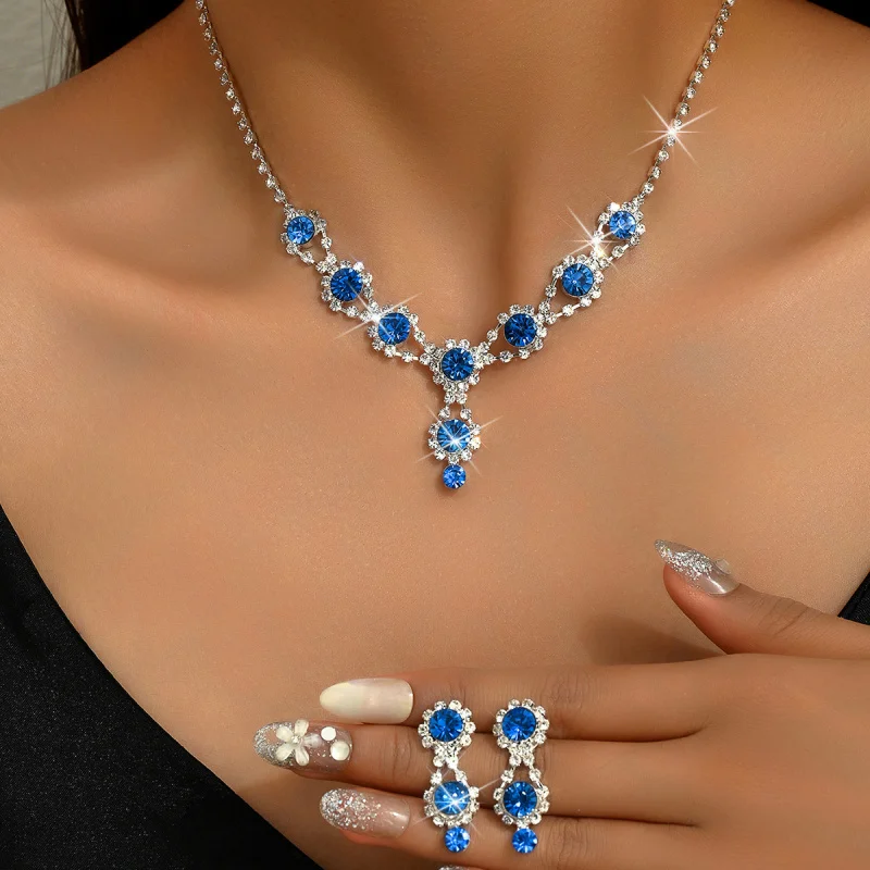Women's Fashion Earrings Necklace2Jewelry Set Claw Chain Bridal Accessories Simple Blue Birthday Party Gift