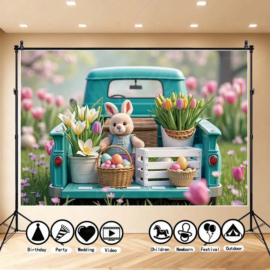 

MOON.QG 2026 Easter Day Photography Backdrop Truck Bunny Doll Tulip Egg Basket Spring Party Photo Background Holiday Decoration