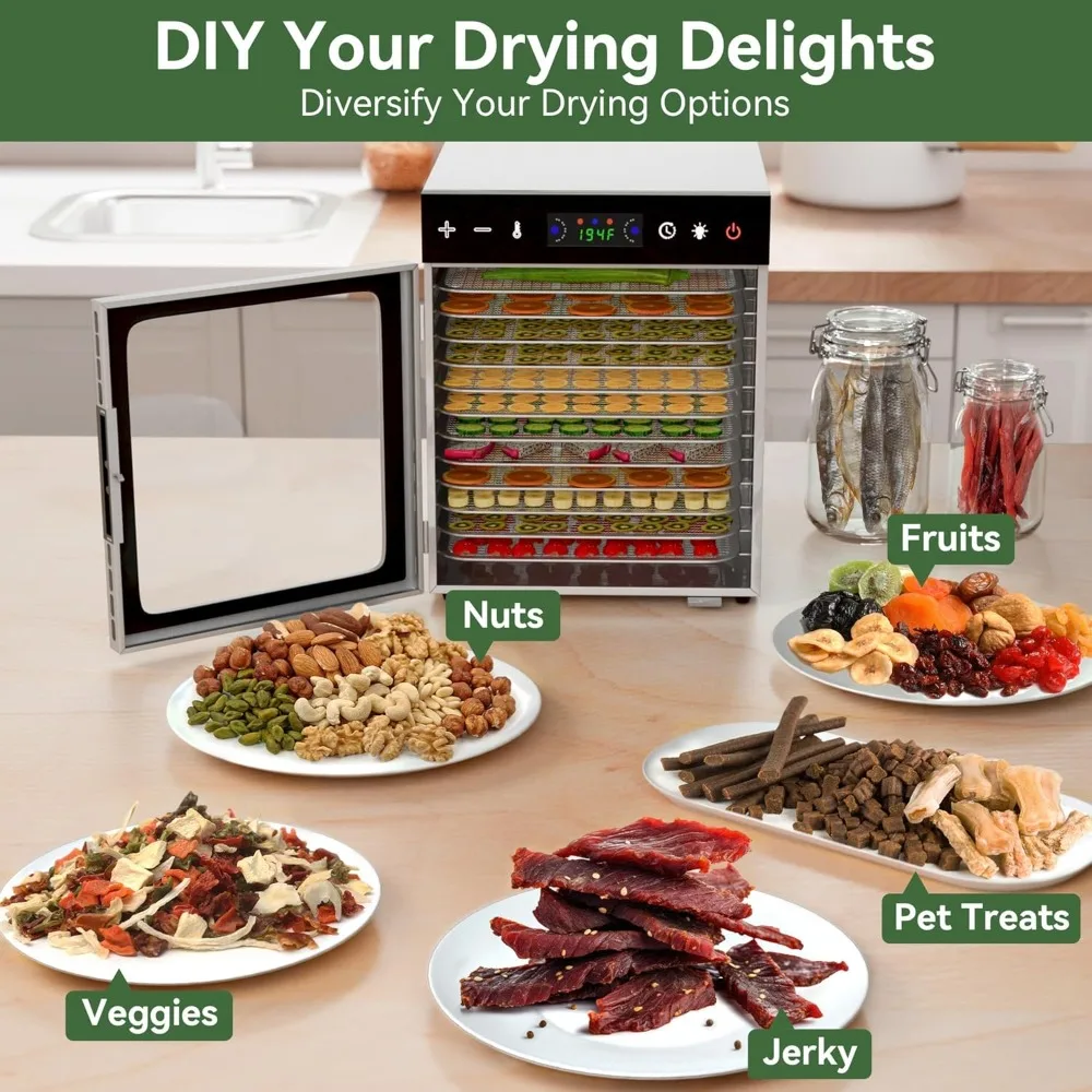 เครื่องอบแห้งอาหารแบบถาด – ปรับอุณหภูมิได้ 600 วัตต์ (86 ℉ -194 ℉ ) และตัวตั้งเวลาแบบดิจิตอล ทำงานเงียบ เหมาะสำหรับเนื้อแห้ง ผลไม้ และผัก