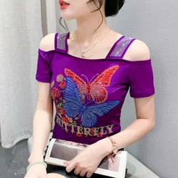 New Summer Short Sleeved Sexy Off The Shoulder Women's T-Shirt Fashion Casual Hot Drilling Mesh Tees Tops M-3XL Purple Blusas