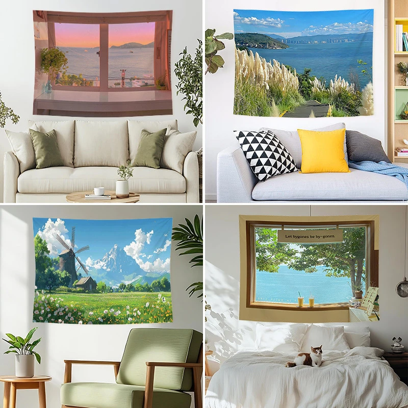 Wandteppich mit Falschen Fenstern, Naturlandschaft, Berge, Wald, Wandbehang für Schlafzimmer, Wohnzimmer, Studentenwohnheim, Heimdekoration