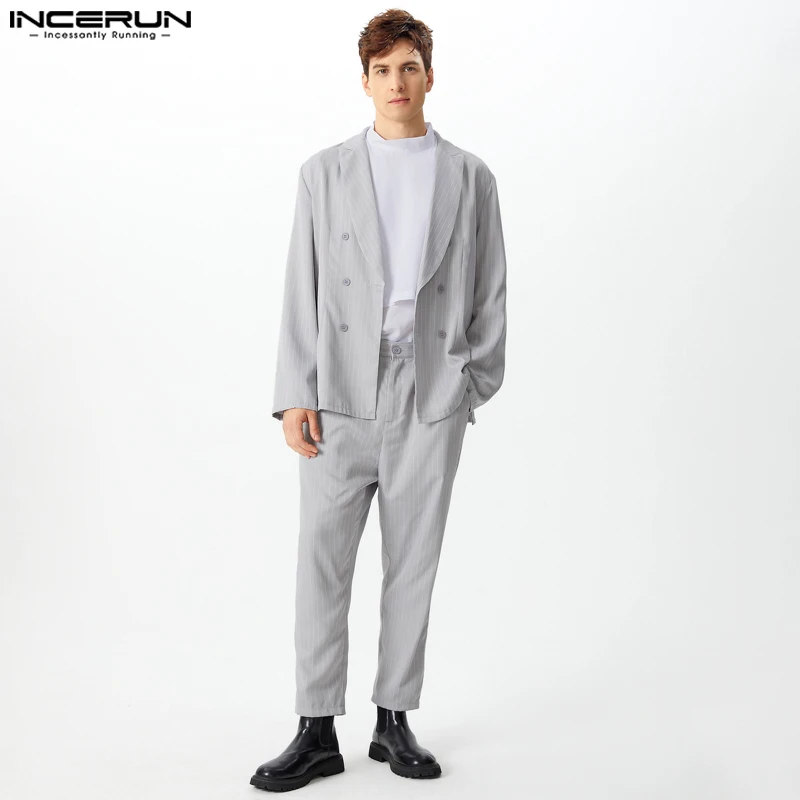 INCERUN 2024 American Style Simple Sets Men's Long Sleeved Suit Coats Pants Handsome Men's Fashion Striped Two-piece Sets S-5XL