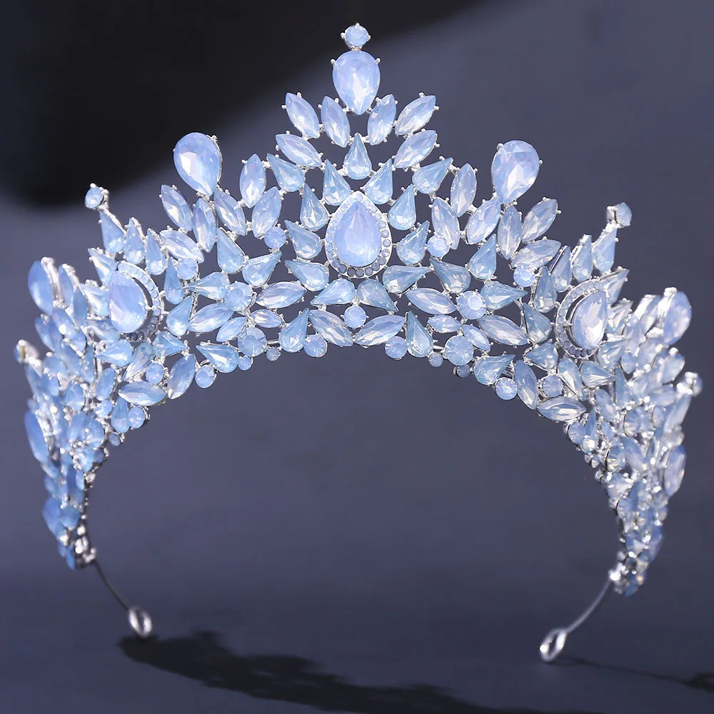 Luxury Full Green Blue Opal Crystal Tiara Crown For Women Girls Wedding Party Elegant Rhinestone Crown Hair Dress Jewelry