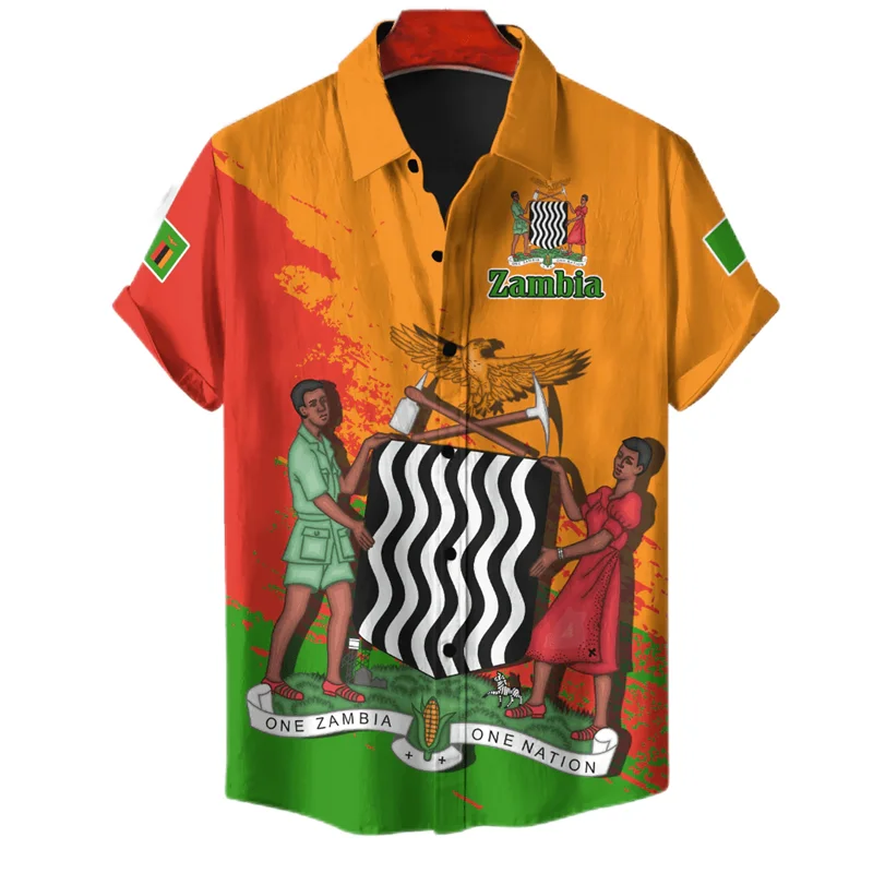 

Zambia 3D Printed Short Sleeve Shirts For Men Clothes Fashion Hawaiian Male Shirt Africa Lapel Blouse Coat Of Arms Button Tops