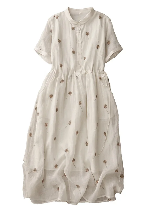 E Vestido Corto de Lino Bordado con Manga Corta, Cintura Ajustada, Cuello de Muñeca, Falda Larga para Mujer, Estilo Vi...