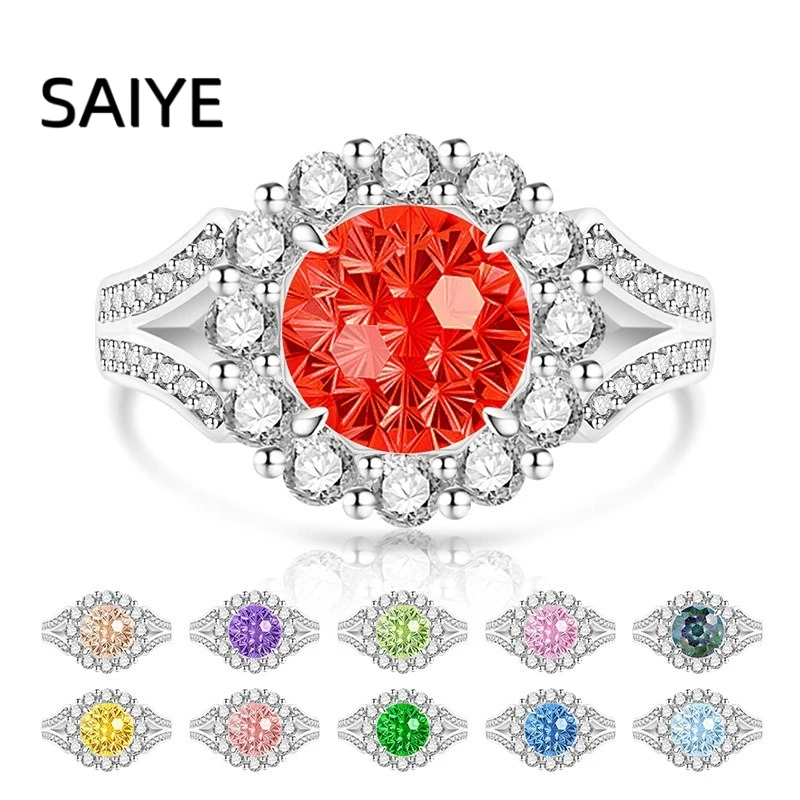 925 Sterling Silver Women Ring Round Multi Color CZ Floral Halo Split Shank Paved Band Engagement Wedding Jewelry Gift