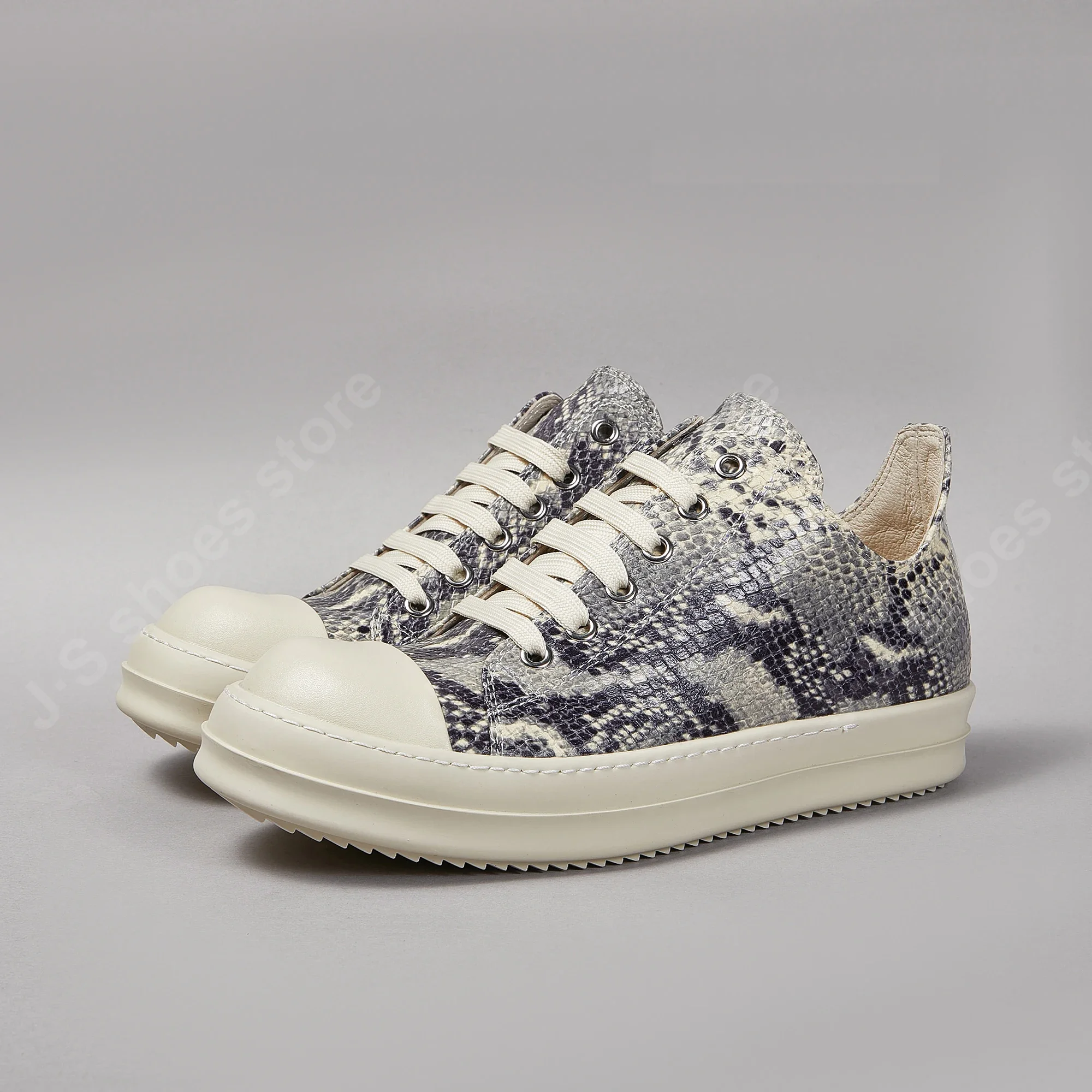 Ricks Herrenschuh Python-Druck Graues Leder Low-Top-Schuh Schnürschuh Owens Damen Sneaker Freizeitschuh Owens Dicke Sohle Schuhe Sneakers