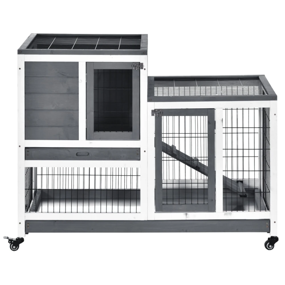 PINGGO Wooden Indoor Rabbit Hutch Guinea Pig House Bunny Small Animal Cage W/ Wheels Enclosed Run 110 X 50 X 88 cm, Grey