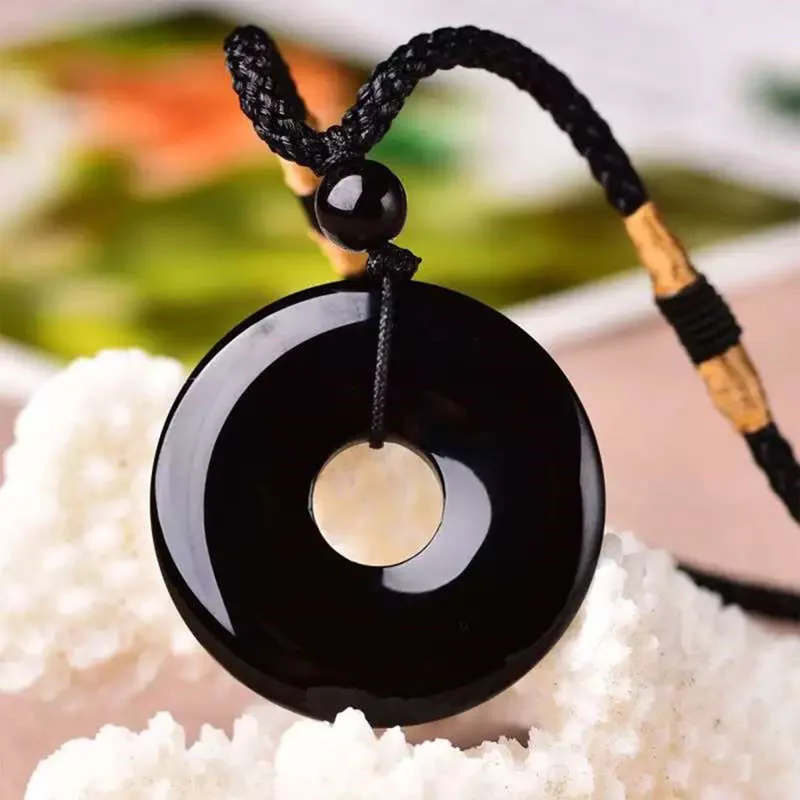 Natural Obsidian Donut Pendant With Rope Chain Black Obsidian Crystal Round Charm Necklace Men Women Healing Gemstone Jewelry