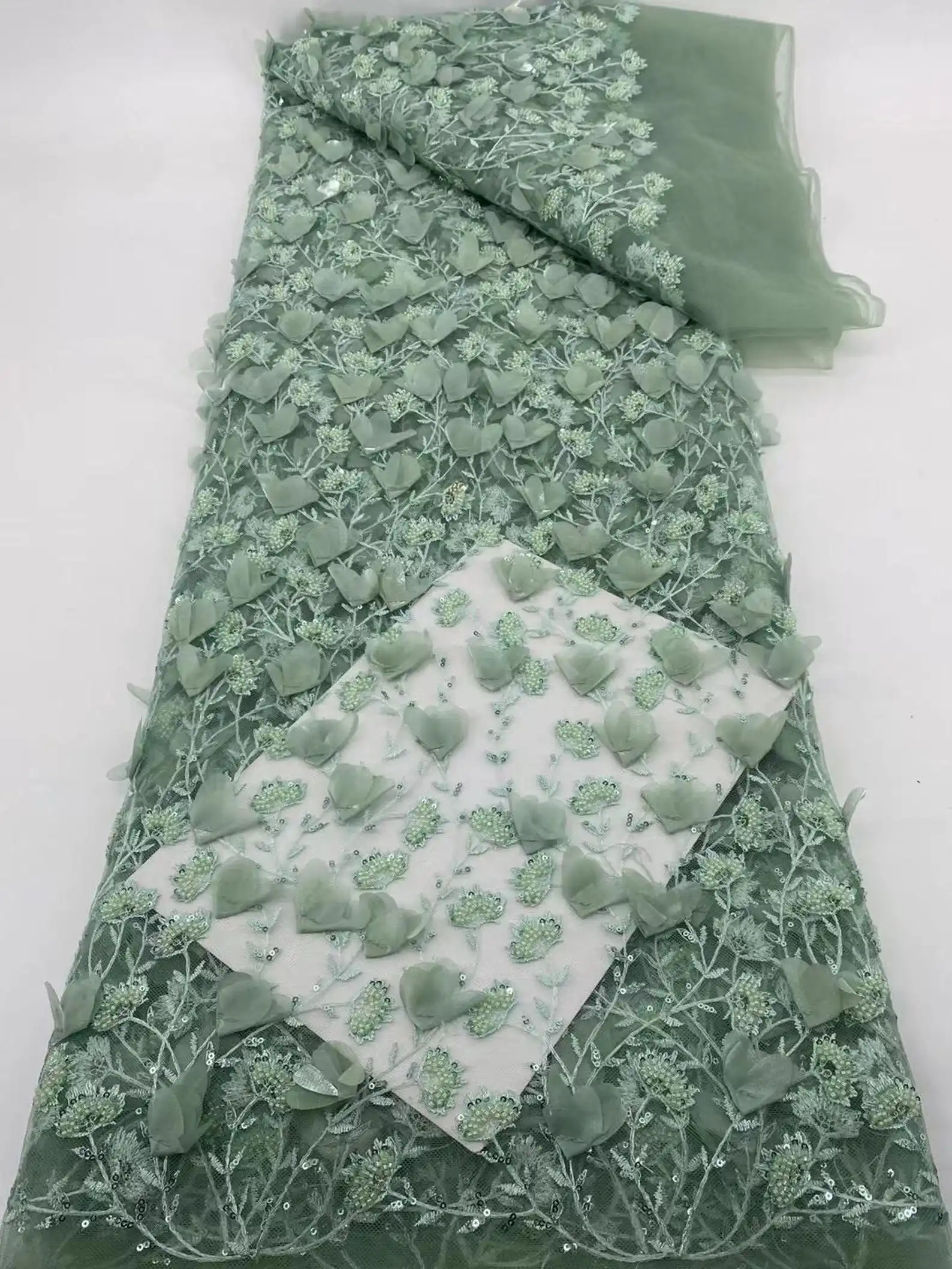 1 yards Sage Green Bead Fabric With 3d Florals For Bridal Dress, Photo Prop, Wedding Prop