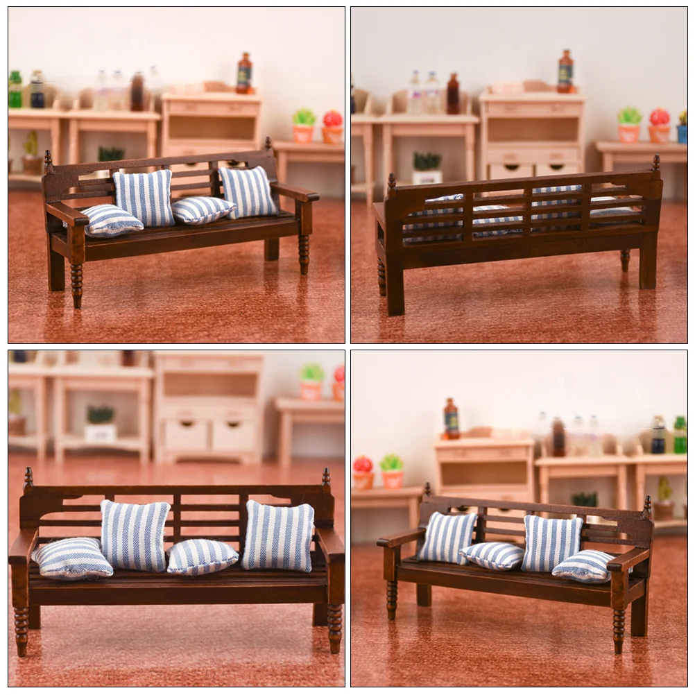 Multi-person Chair Model Wood Bench Mini House Decor Delicate Pillow Craft Decors Furniture