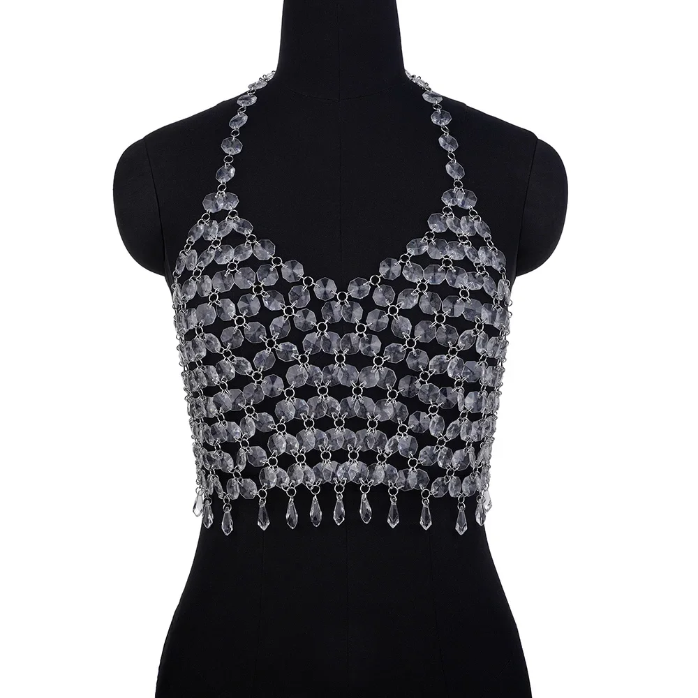 Sexy Short Acrylic Top Women Fashion V-Neck Backless Halter Crystal Bra Masquerade Stage Party Body Chain Jewelry Accessories