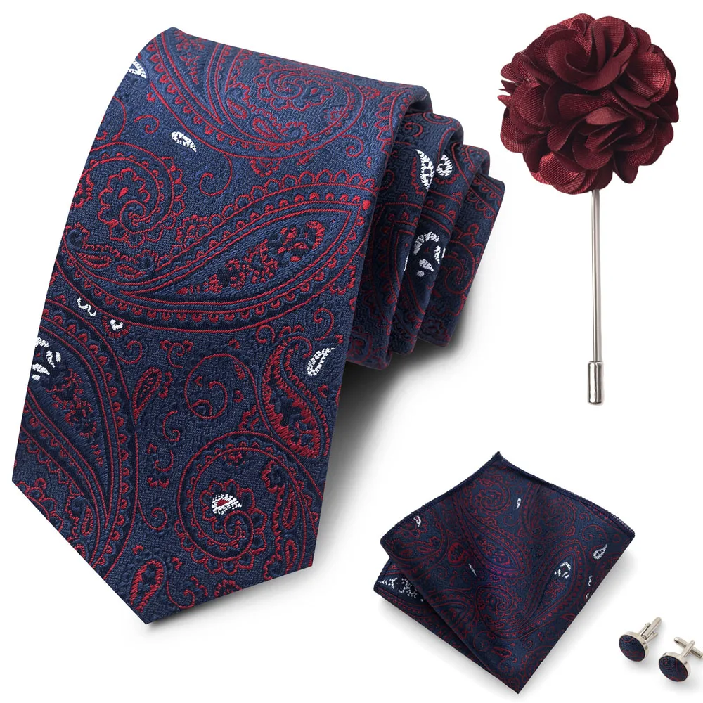 Großhandel Mode 8 cm Krawatten-Set, Krawatte, Einstecktuch, Manschettenknöpfe, Anstecknadel, Lila Paisley, Herren-Krawatten, passend als Geburtstagsgeschenk – Detail 4